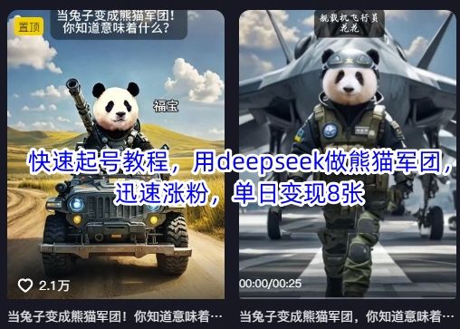 快速起号教程，用deepseek做熊猫军团，迅速涨粉，单日变现8张-宇创网